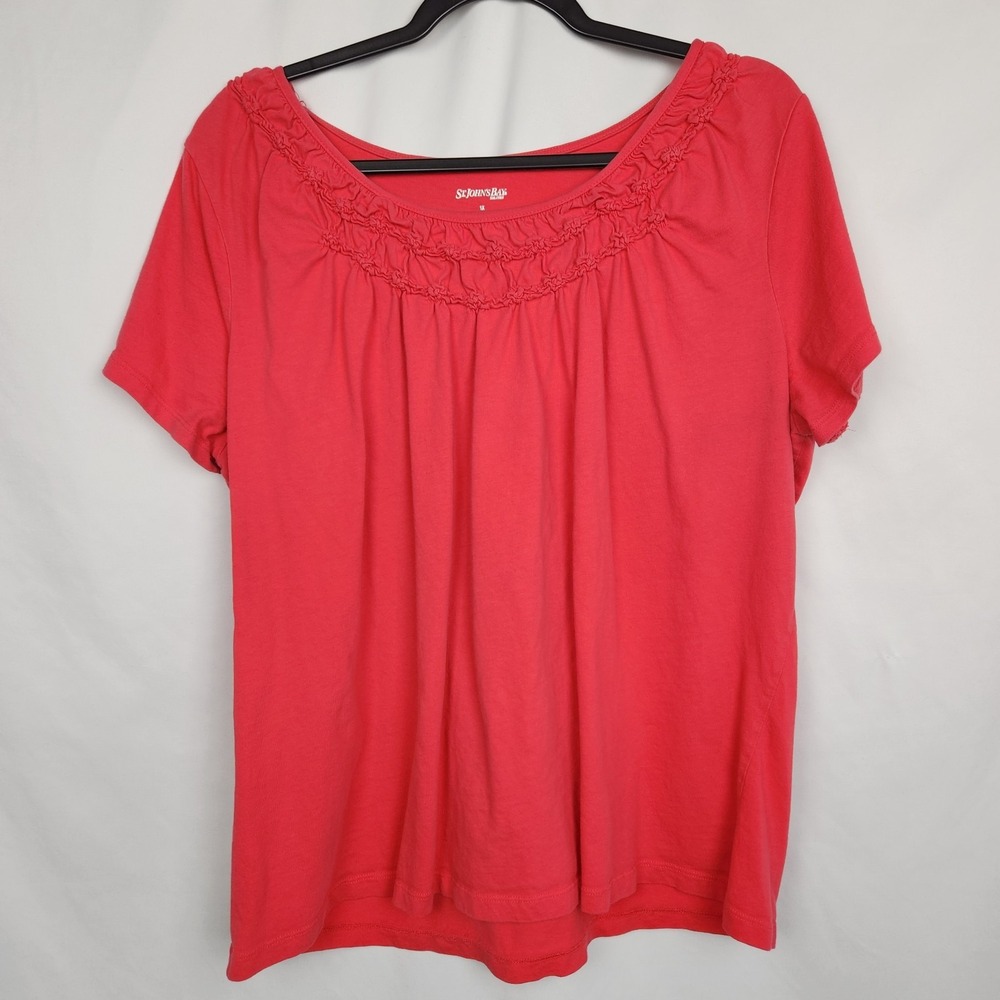 St Johns Bay Women's Short Sleeve Shirt Ruffle Trim Neck Pink Plus Size‎ 1X